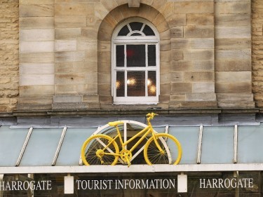 Yellow bikes on display around Harrogate ahead of the Tour de France which passes through in July, as Harrogate has been crowned as the happiest place to live in Britain in a report which asked people how contented they are with their home and local community